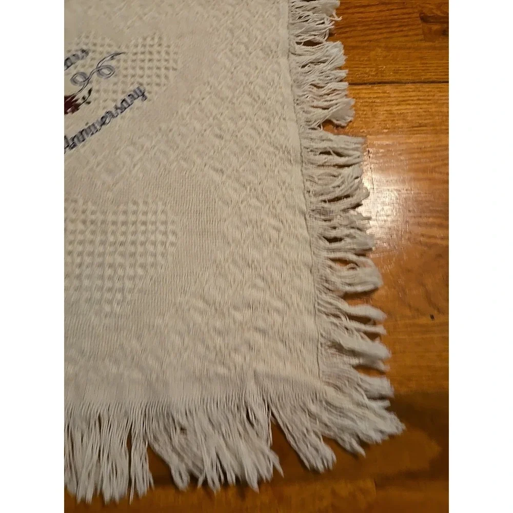 Vtg Heart Fringe Throw Blanket 62x51 Waffle Weave Lap Baby Decor White Anniversa